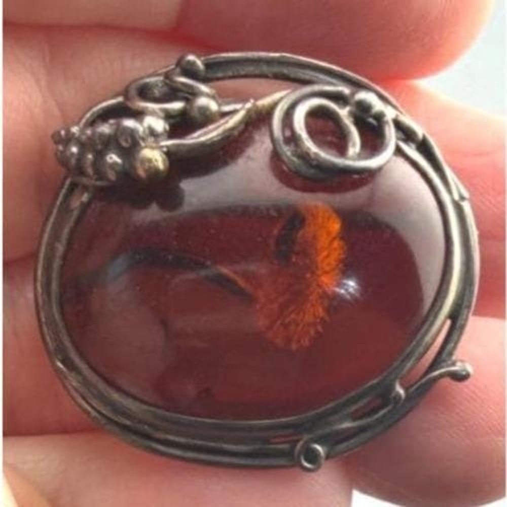 Vintage Baltic Amber Brooch Sterling Silver Oval Cabochon Grape Leaf Frame Pin